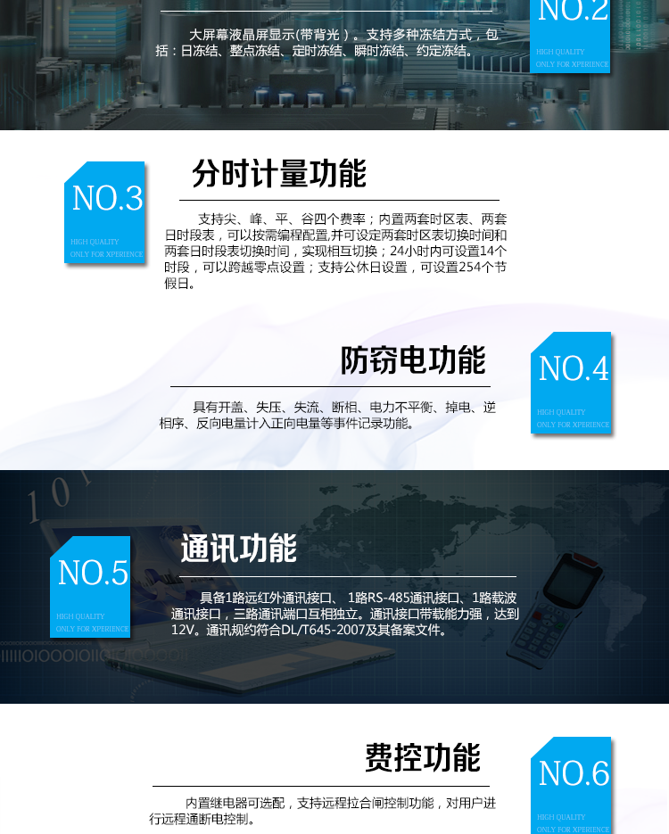 海興DDSI208單相電能表主要功能
　　計量功能
　　具有支持正反向有功、四象限無功電能、組合無功電能，支持正反向有功最大需量、四象限無功最大需量、組合無功最大需量，支持多費(fèi)率計量。
　　分時計量功能
　　支持尖、峰、平、谷四個費(fèi)率;內(nèi)置兩套時區(qū)表、兩套日時段表，可以按需編程配置,并可設(shè)定兩套時區(qū)表切換時間和兩套日時段表切換時間，實現(xiàn)相互切換;24小時內(nèi)可設(shè)置14個時段，可以跨越零點(diǎn)設(shè)置;支持公休日設(shè)置，可設(shè)置254個節(jié)假日。
　　測量功能
　　能測量電壓、電流、功率以及功率因數(shù)等電網(wǎng)參數(shù)，零線電流測量功能可選配。測量準(zhǔn)確度高，可以達(dá)到1級以內(nèi)標(biāo)準(zhǔn)。
　　數(shù)據(jù)存儲功能
　　支持多種凍結(jié)方式，包括：日凍結(jié)、整點(diǎn)凍結(jié)、定時凍結(jié)、瞬時凍結(jié)、約定凍結(jié)。
　　事件記錄功能
　　分別記錄最近10次掉電、編程、校時、開表蓋、跳閘、合閘、事件清零、電表清零。
　　通信功能
　　具備1路遠(yuǎn)紅外通訊接口、 1路RS-485通訊接口、1路載波通訊接口，三路通訊端口互相獨(dú)立。通訊接口帶載能力強(qiáng)，達(dá)到12V。通訊規(guī)約符合DL/T645-2007及其備案文件。
　　費(fèi)控功能
　　內(nèi)置繼電器可選配，支持遠(yuǎn)程拉合閘控制功能，對用戶進(jìn)行遠(yuǎn)程通斷電控制。
　　用戶交互界面
　　采用大屏幕液晶顯示，提供豐富的圖形或文字提示信息;顯示內(nèi)容可通過按鍵循環(huán)查詢，顯示項目可通過通信口按需配置;提供液晶背光，方便查看。支持停電喚醒功能，能通過按鍵或非接觸方式喚醒電能表，實現(xiàn)屏幕顯示抄讀電量和紅外通信口抄讀電量等數(shù)據(jù)。