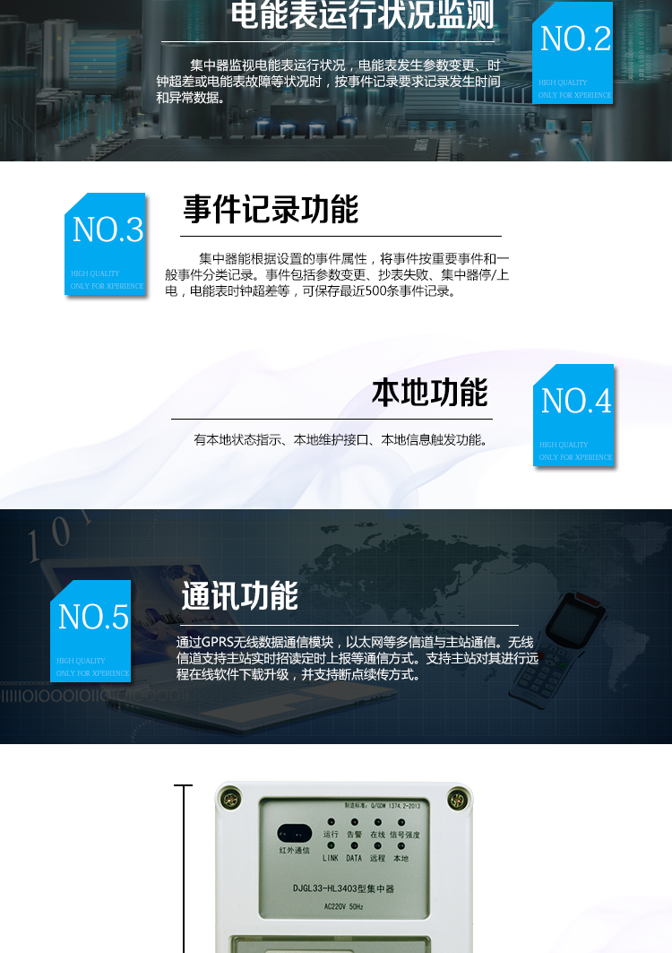 華立DJGL33-HL3403微型集中器主要功能
　　數(shù)據(jù)采集：能采集各電能表的實(shí)時(shí)電能示值、日零點(diǎn)凍結(jié)電能示值、抄表日零點(diǎn)凍結(jié)電能示值。帶有時(shí)標(biāo)。
　　數(shù)據(jù)管理和存儲(chǔ)：能按要求對采集數(shù)據(jù)進(jìn)行分類存儲(chǔ)，如日凍結(jié)數(shù)據(jù)、抄表日凍結(jié)數(shù)據(jù)、曲線數(shù)據(jù)、歷史月數(shù)據(jù)等。曲線凍結(jié)數(shù)據(jù)密度為1小時(shí)。集中器抄表數(shù)量最大為192只。集中器存儲(chǔ)容量為32M。
　　電能表運(yùn)行狀況監(jiān)測：集中器監(jiān)視電能表運(yùn)行狀況，電能表發(fā)生參數(shù)變更、時(shí)鐘超差或電能表故障等狀況時(shí)，按事件記錄要求記錄發(fā)生時(shí)間和異常數(shù)據(jù)。
　　參數(shù)設(shè)置和查詢功能：可主站遠(yuǎn)程或手持設(shè)備本地設(shè)置和查詢檔案、通信參數(shù)等，
　　事件記錄：集中器能根據(jù)設(shè)置的事件屬性，將事件按重要事件和一般事件分類記錄。事件包括參數(shù)變更、抄表失敗、集中器停/上電，電能表時(shí)鐘超差等，可保存最近500條事件記錄。
　　本地功能：有本地狀態(tài)指示、本地維護(hù)接口、本地信息觸發(fā)功能
　　通訊功能：通過GPRS無線數(shù)據(jù)通信模塊，以太網(wǎng)等多信道與主站通信。無線信道支持主站實(shí)時(shí)招讀、定時(shí)上報(bào)等通信方式。支持主站對其進(jìn)行遠(yuǎn)程在線軟件下載升級(jí)，并支持?jǐn)帱c(diǎn)續(xù)傳方式。