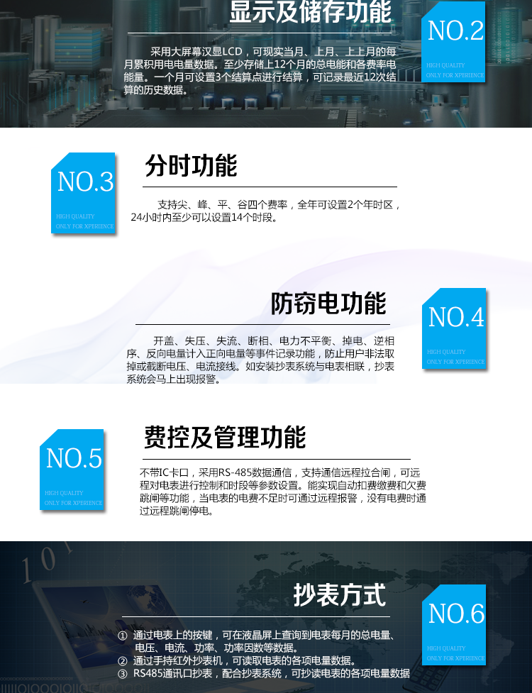 華立DDZY285-J電能表主要功能
　　電能計(jì)量功能
　　計(jì)量參數(shù)：具有正、反向組合有功電能的計(jì)量功能，組合有功電能可由正反向有功電能進(jìn)行選擇性組合。
　　測(cè)量功能：能測(cè)量電壓、電流(包含零線)，有功功率以及功率因數(shù)等電網(wǎng)參數(shù)。
　　分時(shí)功能：支持尖、峰、平、谷四個(gè)費(fèi)率，全年可設(shè)置2個(gè)年時(shí)區(qū)，24小時(shí)內(nèi)至少可以設(shè)置14個(gè)時(shí)段。
　　數(shù)據(jù)存儲(chǔ)：至少存儲(chǔ)上12個(gè)月的總電能和各費(fèi)率電能量。一個(gè)月可設(shè)置3個(gè)結(jié)算點(diǎn)進(jìn)行結(jié)算，可記錄最近12次結(jié)算的歷史數(shù)據(jù)。
　　顯示功能：采用大屏幕漢顯LCD，可現(xiàn)實(shí)當(dāng)月、上月、上上月的每月累積用電電量數(shù)據(jù)。
　　防竊電功能
　　開蓋記錄功能，記錄開表蓋總次數(shù)，防止非法更改電路。
　　反向電量計(jì)入正向電量，用戶如將電流線接反，不具有竊電作用，電表照樣正向走字
　　具有記錄編程、掉電、校時(shí)、跳閘等事件發(fā)生的時(shí)刻以及事件發(fā)生時(shí)電能表狀態(tài)，防止用戶更改電表數(shù)據(jù)。
　　具有凍結(jié)和報(bào)警功能。
　　以上情況如發(fā)出，電表會(huì)出現(xiàn)報(bào)警標(biāo)志，如安裝抄表系統(tǒng)與電表相聯(lián)，抄表系統(tǒng)會(huì)馬上出現(xiàn)報(bào)警。
　　費(fèi)控功能
　　電表不帶IC卡口，采用RS-485和無線進(jìn)行數(shù)據(jù)通信，支持通信遠(yuǎn)程拉合閘。
　　費(fèi)控管理功能
　　可通過遠(yuǎn)程對(duì)電能表進(jìn)行遠(yuǎn)程拉、合閘控制和時(shí)段等參數(shù)設(shè)置，進(jìn)而對(duì)用戶的用電實(shí)施遠(yuǎn)程管理。
　　能實(shí)現(xiàn)自動(dòng)扣費(fèi)繳費(fèi)的功能和欠費(fèi)跳閘等功能，當(dāng)電表的電費(fèi)不足時(shí)可以通過遠(yuǎn)程報(bào)警，沒有電費(fèi)時(shí)通過遠(yuǎn)程跳閘停電，操作管理十分方便。
　　抄表方式
　　通過電表上的按鍵，可在液晶屏上查詢到電表每月的總電量、電壓、電流、功率、功率因數(shù)等數(shù)據(jù)。
　　通過手持紅外抄表機(jī)，可讀取電表的各項(xiàng)電量數(shù)據(jù)。
　　RS485通訊口抄表，配合抄表系統(tǒng)，可抄讀電表的各項(xiàng)電量數(shù)據(jù)。并支持DL/T645-2007多功能電能表通訊規(guī)約。