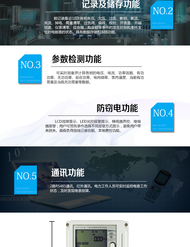 華立DTZY545C電能表主要功能　　具有正反向有功電能量和四象限無功電能量計量功能?！　⌒枇坑涗浌δ埽河涗浾⒎聪蛴泄σ约罢聪蛴泄Ω髻M率最大需量及其出現(xiàn)的日期和時間。能存儲12個月的結(jié)算周期最大需量數(shù)據(jù)?！　【哂袛?shù)據(jù)存儲和凍結(jié)功能?！　∈录涗洠耗苡涗涀罱?0次各相失壓、欠壓、過壓、斷相、斷流、失流、掉電、需量清零、過負(fù)荷、編程、校時、開表蓋、開端鈕蓋、儀表清零、拉合閘、購金額等事件的發(fā)生時刻和事件發(fā)生時電能表的狀態(tài)。　　實時參數(shù)檢測：可實時測量并計算各相的電壓、電流、功率因數(shù)、有功功率、無功功率、視在功率、電網(wǎng)頻率、表內(nèi)溫度、當(dāng)前有功需量及當(dāng)前無功需量等數(shù)據(jù)。　　具有故障報警及負(fù)荷曲線記錄功能、本地費控功能?！? 通訊功能：RS485通訊、紅外通訊。