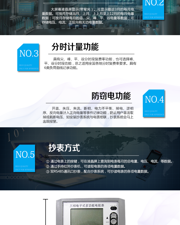 主要功能：
1、大屏幕、寬視角液晶顯示，具備豐富的狀態(tài)指示和漢字提示符，帶背光；
2、雙路RS-485、吸附式、遠(yuǎn)紅外通訊接口，通道相互獨(dú)立。支持載波通信功能（可選）；
3、四路空接點(diǎn)電能脈沖及LED電能脈沖輸出；
4、分時(shí)計(jì)量正反向有功電量、四象限無(wú)功電量、組合1、組合2無(wú)功電量，組合方式：四象限無(wú)功任意組合；計(jì)量分相正反向有功、感容性無(wú)功電量；
5、分時(shí)計(jì)量正反向有功、無(wú)功需量及發(fā)生時(shí)間；
6、8費(fèi)率，主副兩套時(shí)段，時(shí)鐘雙備份，自動(dòng)糾錯(cuò)，可記錄13個(gè)月歷史記錄；
7、可設(shè)置6類數(shù)據(jù)記錄負(fù)荷曲線，容量達(dá)到2M字節(jié)；
8、記錄失壓、全失壓、失流、全失流、電壓合格率、清零、清需量、編程、校時(shí)、上電、過(guò)壓、逆相序、開蓋等多種事件；
9、雙備份數(shù)據(jù)存儲(chǔ)，具有自檢和糾錯(cuò)功能，具有內(nèi)卡錯(cuò)、時(shí)鐘錯(cuò)、電壓逆相序、失壓、過(guò)壓、失流、電池欠壓故障報(bào)警功能；
10、停電后可通過(guò)按鈕、手抄器喚醒顯示，可遠(yuǎn)紅外抄表；
11、具有防竊電開蓋檢測(cè)功能；
12、可選功能：IC卡預(yù)付費(fèi)，邏輯加密卡/CPU智能卡可選。