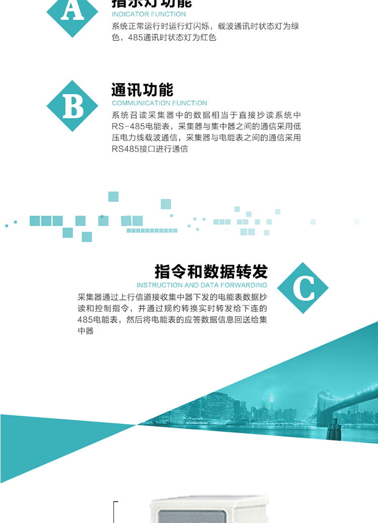 功能及特點(diǎn)：
1、 通訊功能，系統(tǒng)召讀采集器中的數(shù)據(jù)相當(dāng)于直接抄讀系統(tǒng)中RS-485電能表，采集器與集中器之間的通信采用低壓電力線載波通信，采集器與電能表之間的通信采用RS485接口進(jìn)行通信
2、 指令和數(shù)據(jù)轉(zhuǎn)發(fā)功能，采集器通過上行信道接收集中器下發(fā)的電能表數(shù)據(jù)抄讀和控制指令，并通過規(guī)約轉(zhuǎn)換實(shí)時(shí)轉(zhuǎn)發(fā)給下連的485電能表，然后將電能表的應(yīng)答數(shù)據(jù)信息回送給集中器。
3、 指示燈功能，系統(tǒng)正常運(yùn)行時(shí)運(yùn)行燈閃爍，載波通訊時(shí)狀態(tài)燈為綠色，485通訊時(shí)狀態(tài)燈為紅色