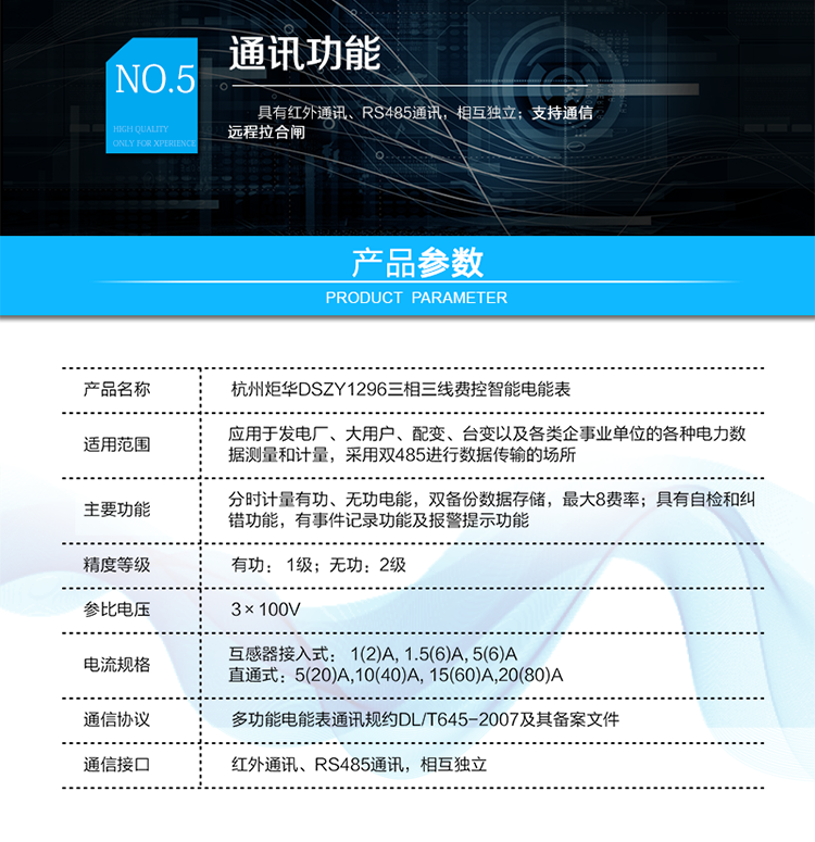 DSZY1296 三相三線1級(jí)費(fèi)控智能電能表
產(chǎn)品標(biāo)準(zhǔn):
?GB/T 17215.211-2006《交流電測(cè)量設(shè)備 通用要求、試驗(yàn)和試驗(yàn)條件 第11部分：測(cè)量設(shè)備》
?GB/T 17215.321-2008《交流電測(cè)量設(shè)備 特殊要求21部分：靜止式有功電能表（1級(jí)和2級(jí)）》
?GB/T 17215.323-2008《交流電測(cè)量設(shè)備 特殊要求23部分：靜止式無(wú)功電能表（2級(jí)和3級(jí)）》
?GB/T 17215.301-2007《多功能電能表特殊要求》
?Q/GDW 1354-2013《智能電能表功能規(guī)范》
?Q/GDW 1356-2013《三相智能電能表型式規(guī)范》
?Q／GDW 1827-2013《三相智能電能表技術(shù)規(guī)范》
?Q／GDW 1365-2013《智能電能表信息交換安全認(rèn)證技術(shù)規(guī)范》
?DL/T 645-2007《多功能電能表通信協(xié)議》