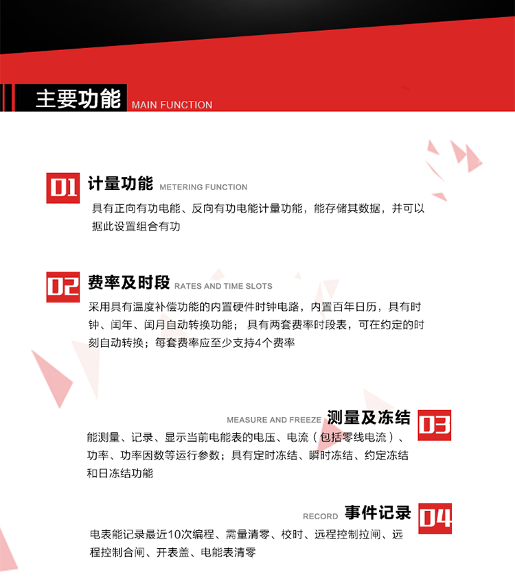 主要功能
1. 具有正向有功電能、反向有功電能計(jì)量功能，能存儲(chǔ)其數(shù)據(jù)，并可以據(jù)此設(shè)置組合有功。
2. 應(yīng)采用具有溫度補(bǔ)償功能的內(nèi)置硬件時(shí)鐘電路，內(nèi)置百年日歷，具有時(shí)鐘、閏年、閏月自動(dòng)轉(zhuǎn)換功能。
3. 具有兩套費(fèi)率時(shí)段表，可在約定的時(shí)刻自動(dòng)轉(zhuǎn)換；每套費(fèi)率應(yīng)至少支持4個(gè)費(fèi)率。
4. 費(fèi)控功能：本地方式通過(guò)CPU卡等固態(tài)介質(zhì)實(shí)現(xiàn)。
5. 能測(cè)量、記錄、顯示當(dāng)前電能表的電壓、電流（包括零線(xiàn)電流）、功率、功率因數(shù)等運(yùn)行參數(shù)。
6. 電表能記錄最近10次編程、需量清零、校時(shí)、遠(yuǎn)程控制拉閘、遠(yuǎn)程控制合閘、開(kāi)表蓋、電能表清零。
7. 具有定時(shí)凍結(jié)、瞬時(shí)凍結(jié)、約定凍結(jié)和日凍結(jié)功能。
8. 通過(guò)固態(tài)介質(zhì)或虛擬介質(zhì)對(duì)電能表進(jìn)行參數(shù)設(shè)置、預(yù)存電費(fèi)、信息返寫(xiě)和下發(fā)遠(yuǎn)程控制命令操作時(shí)，通過(guò)嚴(yán)格的密碼驗(yàn)證或ESAM模塊等安全認(rèn)證，確保數(shù)據(jù)傳輸安全可靠。
9. 具有一路調(diào)制型紅外通訊接口、一路完全隔離的RS485通訊接口，方便現(xiàn)場(chǎng)維護(hù)和遠(yuǎn)程數(shù)據(jù)采集。在載波集中器和主站系統(tǒng)的配合下，可通過(guò)載波，按設(shè)定的采集方案定時(shí)數(shù)據(jù)采集，并可實(shí)時(shí)監(jiān)測(cè)電表運(yùn)行狀態(tài)。