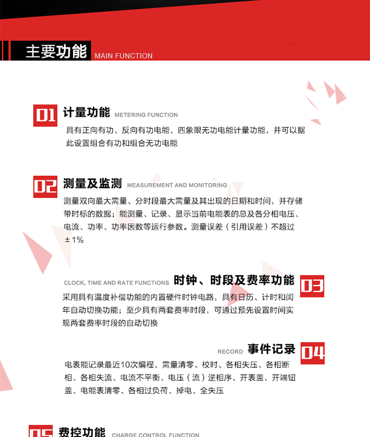 主要功能
1. 　電能計(jì)量
具有正向有功、反向有功電能、四象限無(wú)功電能計(jì)量功能，并可以據(jù)此設(shè)置組合有功和組合無(wú)功電能。
2. 　需量計(jì)量
測(cè)量雙向最大需量、分時(shí)段最大需量及其出現(xiàn)的日期和時(shí)間，并存儲(chǔ)帶時(shí)標(biāo)的數(shù)據(jù)。
3. 　測(cè)量及監(jiān)測(cè)
能測(cè)量、記錄、顯示當(dāng)前電能表的總及各分相電壓、電流、功率、功率因數(shù)等運(yùn)行參數(shù)。測(cè)量誤差（引用誤差）不超過(guò)±1%。
4. 　時(shí)鐘、時(shí)段及費(fèi)率功能
采用具有溫度補(bǔ)償功能的內(nèi)置硬件時(shí)鐘電路，具有日歷、計(jì)時(shí)和閏年自動(dòng)切換功能。內(nèi)部時(shí)鐘端子輸出頻率為1Hz。至少具有兩套費(fèi)率時(shí)段，可通過(guò)預(yù)先設(shè)置時(shí)間實(shí)現(xiàn)兩套費(fèi)率時(shí)段的自動(dòng)切換。每套費(fèi)率時(shí)段全年至少可設(shè)置2個(gè)時(shí)區(qū)，24小時(shí)內(nèi)至少可以設(shè)置8個(gè)時(shí)段，時(shí)段最小間隔為15分鐘，并且時(shí)段間隔大于表內(nèi)設(shè)定的需量周期值，時(shí)段可跨越零點(diǎn)設(shè)置。
5. 　費(fèi)控功能 
電能表費(fèi)控功能的實(shí)現(xiàn)方式通過(guò)CPU卡等固態(tài)介質(zhì)實(shí)現(xiàn)。具有兩套階梯電價(jià)計(jì)費(fèi)方式，并可在設(shè)置時(shí)間點(diǎn)啟用另一套階梯電價(jià)計(jì)費(fèi)。
6. 　無(wú)線通信
通過(guò)無(wú)線通信與主站通信。支持在安全認(rèn)證前提下，通過(guò)無(wú)線網(wǎng)絡(luò)信道修改費(fèi)率時(shí)段表及電價(jià)。
7. 　事件記錄
電表能記錄最近10次編程、需量清零、校時(shí)、各相失壓、各相斷相、各相失流、電流不平衡、電壓（流）逆相序、開(kāi)表蓋、開(kāi)端鈕蓋、電能表清零、各相過(guò)負(fù)荷、掉電、全失壓。
8. 　凍結(jié)
具有定時(shí)凍結(jié)、瞬時(shí)凍結(jié)、約定凍結(jié)和日凍結(jié)功能。
9.　 負(fù)荷記錄
記錄正反向有功總電能、無(wú)功總電能、四象限無(wú)功總電能、組合有功、組合無(wú)功1、組合無(wú)功2，負(fù)荷記錄間隔時(shí)間可以在1～60min范圍內(nèi)設(shè)置，時(shí)間間隔為1min的情況下可記錄不少于40天的數(shù)據(jù)容量。
10. 　停電抄表
在停電狀態(tài)下，能通過(guò)按鍵或非接觸方式喚醒電能表，抄讀電能量等數(shù)據(jù)。
11. 擴(kuò)展功能
計(jì)量視在電能、諧波電壓、電流、電量的監(jiān)測(cè)、電能質(zhì)量監(jiān)測(cè)和計(jì)算鐵損、銅損。 