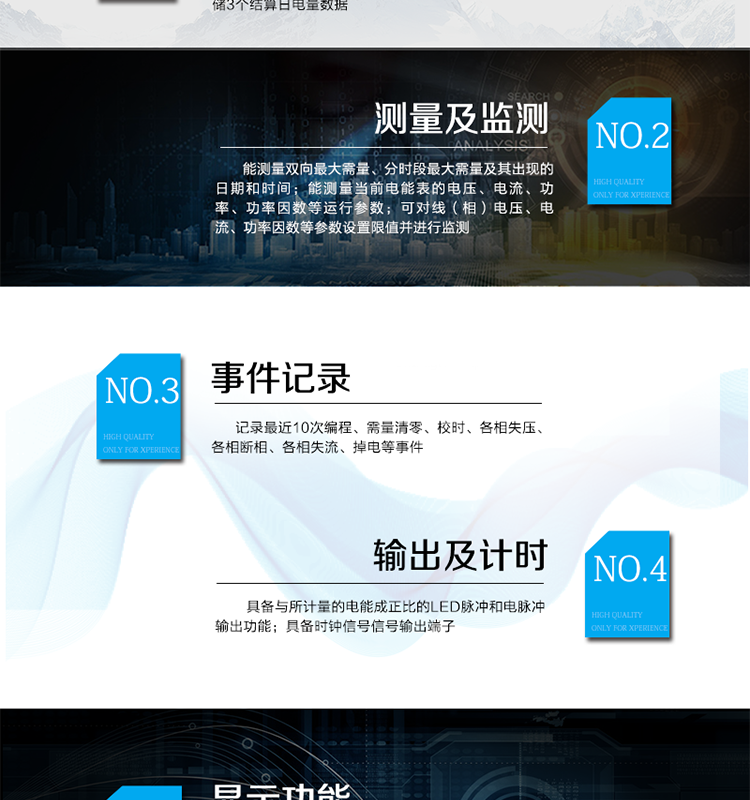 產(chǎn)品特點(diǎn)
精確計(jì)量三相交流有功電能
具有防竊電功能,反向有功電量計(jì)入正向有功電量
量程寬、精度高、壽命長(zhǎng)、免調(diào)校、免維護(hù)
具有RS485和紅外通訊接口（可選）
具有LCD/計(jì)度器顯示（可選）
具有無源光電隔離脈沖接口
具有背景光功能（可選）
具有電壓檢測(cè)、缺相、逆相序指示功能
具有反向電能指示功能
具有電流反向指示功能
具有脈沖和通訊指示燈
具有停電抄表功能（可選）
具有逆相序、斷相報(bào)警功能