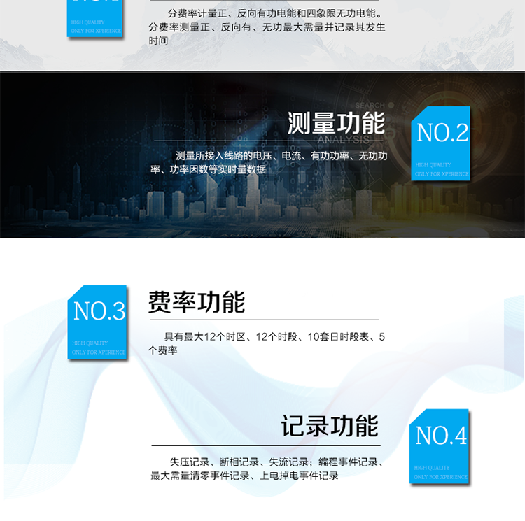 主要功能
電能計(jì)量功能
具有正、反向有功,&nbsp;無功四象限電能計(jì)量功能；
具有分時(shí)計(jì)量功能；具有計(jì)量分相有功電能量功能。
需量測(cè)量功能
有功需量測(cè)量、無功需量測(cè)量、結(jié)算日需量
實(shí)時(shí)量測(cè)量功能
測(cè)量、記錄、顯示當(dāng)前電能表的總及各分相電壓、電流、功率、功率因數(shù)、頻率、表內(nèi)溫度等運(yùn)行參數(shù)。
提供越限監(jiān)測(cè)功能。
時(shí)鐘功能
采用具有溫度補(bǔ)償功能的內(nèi)置硬件時(shí)鐘電路，具有日歷、計(jì)時(shí)和閏年自動(dòng)切換功能。
費(fèi)率、時(shí)段功能
事件記錄功能
凍結(jié)功能
定時(shí)凍結(jié)、瞬時(shí)凍結(jié)、約定凍結(jié)、日凍結(jié)、整點(diǎn)凍結(jié)
負(fù)荷記錄功能
電壓合格率統(tǒng)計(jì)功能
可記錄12個(gè)月的電壓統(tǒng)計(jì)數(shù)據(jù)。
報(bào)警功能
光報(bào)警、聲報(bào)警、LCD顯示報(bào)警
安全防護(hù)功能
密碼防護(hù)、編程開關(guān)防護(hù)
通訊功能
至少具有一個(gè)紅外通信接口、兩個(gè)RS485通信接口。
校時(shí)功能
可通過RS485、紅外等通信接口對(duì)電能表校時(shí)。
電表清零功能
停電抄表功能
在停電狀態(tài)下，能通過按鍵或非接觸方式喚醒電能表，實(shí)現(xiàn)屏幕顯示抄讀電量和紅外通信口抄讀到當(dāng)前電量和最近一次結(jié)算電量等數(shù)據(jù)。
輔助電源*（可選項(xiàng)）
保電功能*（可選項(xiàng)）
遠(yuǎn)程保電功能、自保電功能